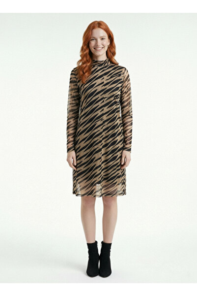 Neden Tekstil Women's Zebra Patterned Transparent Tulle Midi Dress