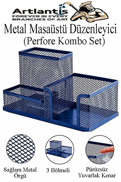 Artlantis Masaüstü Metal Kalemlik Seti 3 lü Kombo 1 Paket Fileli Perfore Renk...