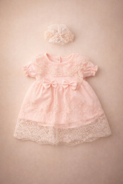 MintTasarımButik 6/12 Ay Kız Bebek Elbise Somon Renk Fistolu Bandanalı – Özel...