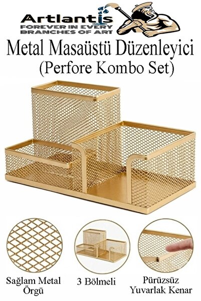 Artlantis Masaüstü Metal Kalemlik Seti 3 lü Kombo 1 Paket Fileli Perfore Renk...