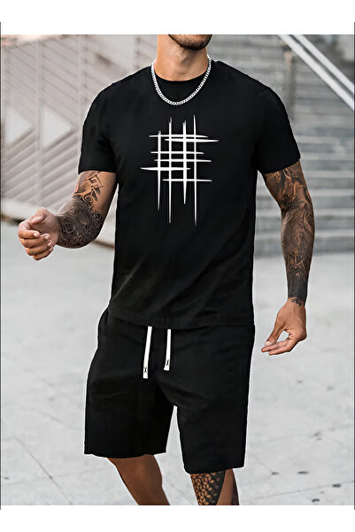 donamod White-Black Unisex Overize Checkered Striped T-Shirt-Shorts Set