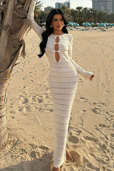 Eyyo فستان طويل من التريكو بتفاصيل بيضاء في الأمام ATE-4908