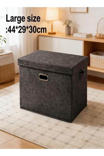 Generic Black cotton and linen fabric storage box foldable with a lid home cl...