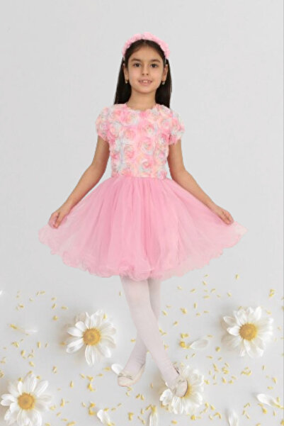 Nacar Kız Çocuk 23 Nisan Okul Gösteri Doğum Günü Tüllü Pembe Kısa Elbise 024