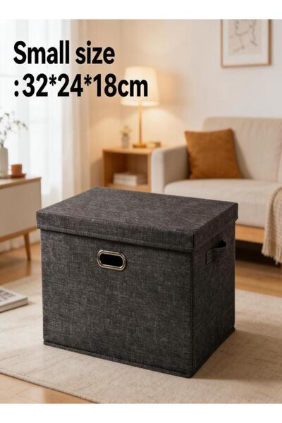 Generic Black cotton and linen fabric storage box foldable with a lid home cl...