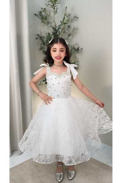 Marllow Beautiful Girls Dress Double Cloche White with Crystals