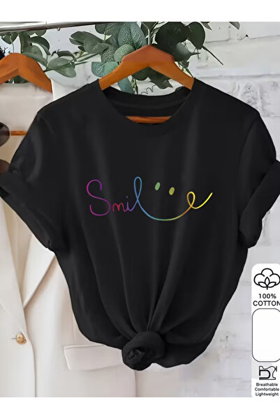 LİNA06 100% Letter Print Versatile Women'S Short-Sleeve T-Shirt with Circles