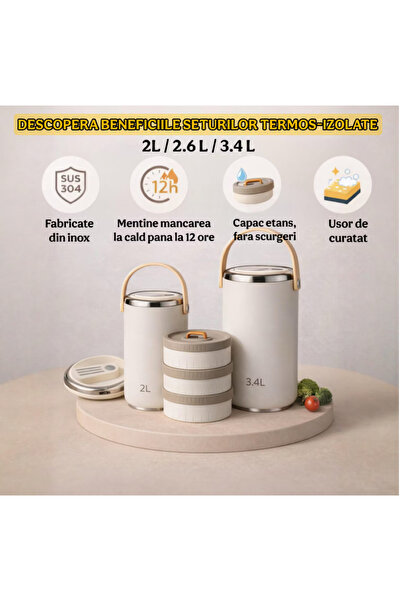 2AMNOVA Termos Alimentar Inox 304, 3.4L, Cu 4 Caserole, Izolatie Termica, Capac Etans, Crem