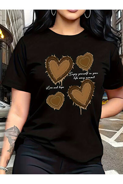 LİNA06 Women's Vintage Brown Heart Print Short Sleeve T-Shirt