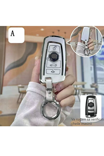 QGC Elegant White Car Key Case with Leather Accessory and Metal Ring, 0220