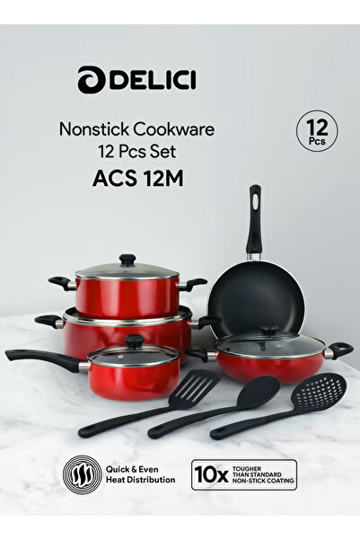 DELICI ACS12M 12Pcs Nonstick Cookware Set 10X Tough PFOA Free Induction Glass...