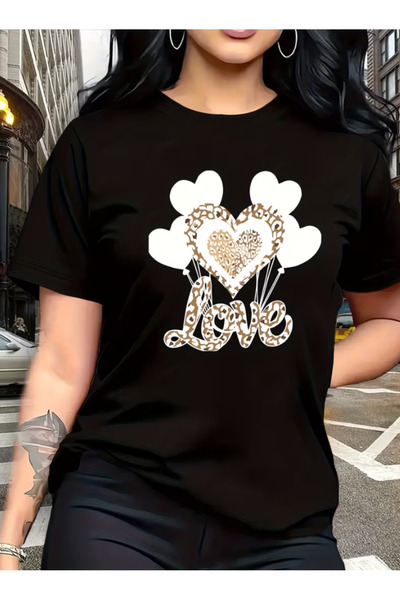 LİNA06 Women'S Black & Golden Heart Print T-Shirt