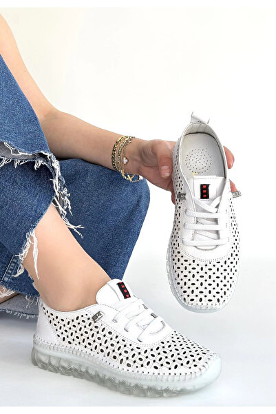 ARMÜZ Otja White Leather Laser Lace-Up Sports Shoes