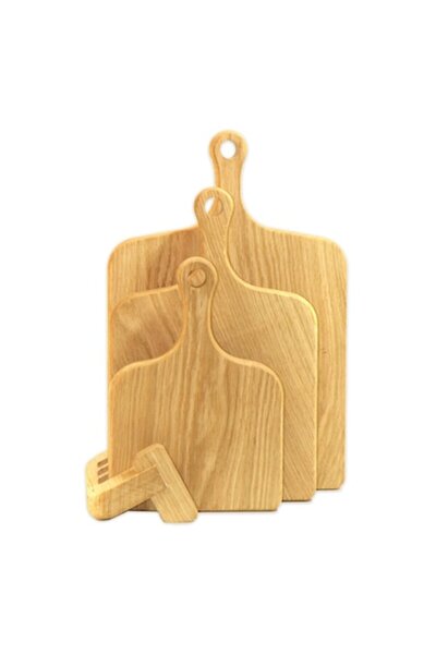 Kidart Set of 3 Rectangular Kitchen Cutting Boards with Handle and Oak Wood S...