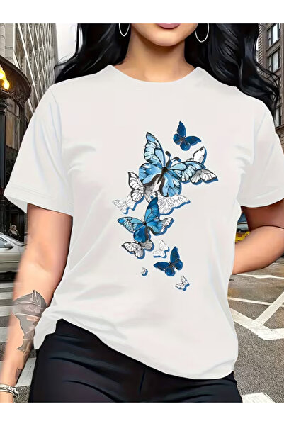 LİNA06 تي شيرت أبيض بطبعة فراشة عصرية وجيد التهوية للسفر العائلي