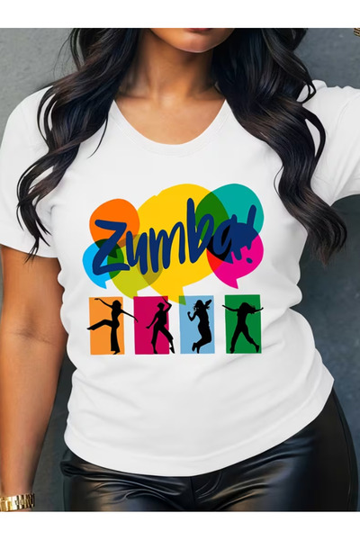 LİNA06 تي شيرت بأكمام قصيرة يحمل شعار زومبا وخلفية فقاعية ملونة