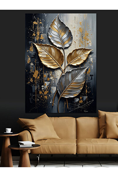 karizmart Altın Varaklı Üç Büyük Yaprak Dekoratif Kanvas - Mdf Ahşap Tablo