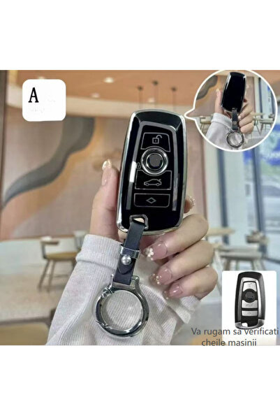 QGC Husa de Chei Auto Negru Elegant cu Inel Metalic și Piele, Accesoriu Premi...