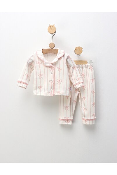 MiniKids Τυπωμένες πυτζάμες με φιόγκους, λευκές και ροζ