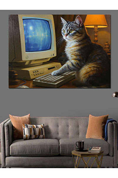 Artmeg Pânză decorativă cu pisică curioasă care lucrează la computer - Tablou...