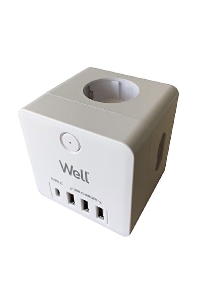 Well Power Adapter, 4 Sockets, 3xUSB, 1xUSB-C PD20W, White