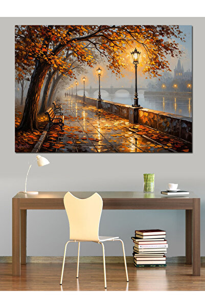 Artmeg Yağmurlu Sonbahar Sokağı Ve Lambalar Dekoratif Kanvas - Mdf Ahşap Tablo