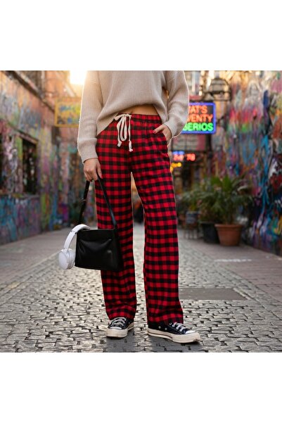 Köstebek Red Black Plaid Cashmere Cotton Comfortable Trousers