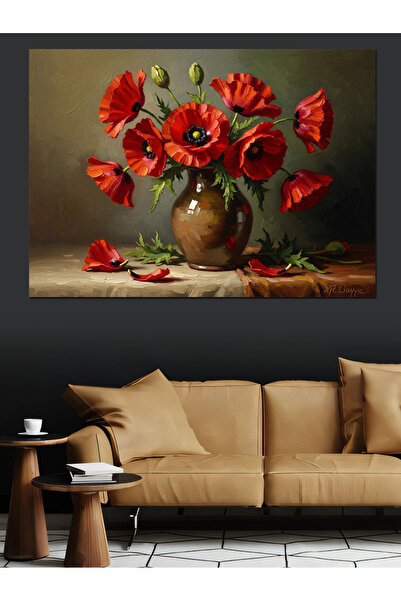 Artmeg Vazoda Kırmızı Gelincik Çiçekleri Tablosu Dekoratif Kanvas - Mdf Ahşap...