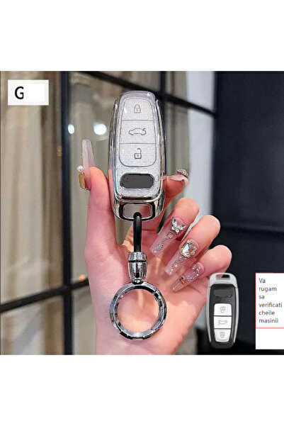 QGC Shiny Silver Car Key Case with Crystals, Premium Car Accessory, 0210