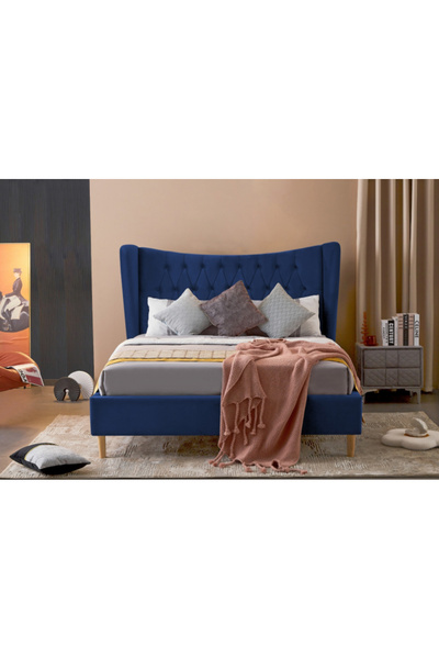 MarketMob Pat Lora 180x200 cm Tapitat Catifea Albastru Somiera Inclusa