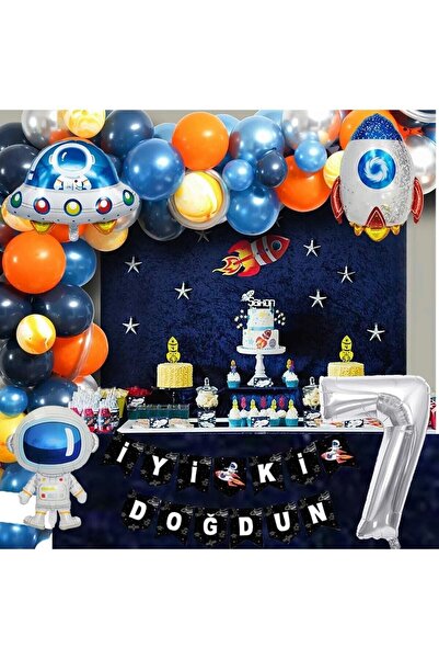 Bkmc مجموعة عيد ميلاد تحت عنوان الفضاء لعمر 7 سنوات؛ 4 رقائق معدنية، 50 بالون...