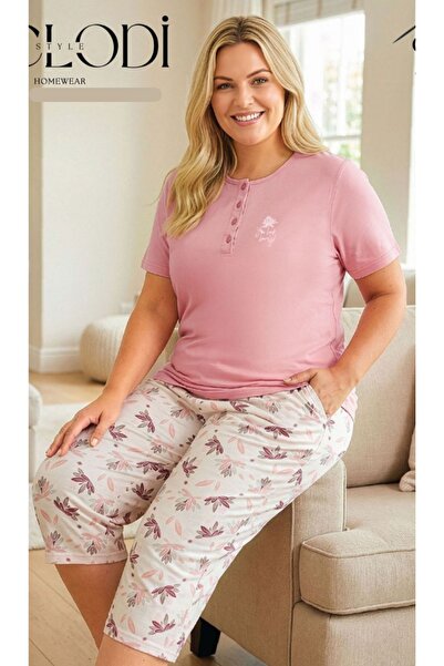 melodi 100% Cotton Wide King Size Short Sleeve Women's Capri Pajama Set