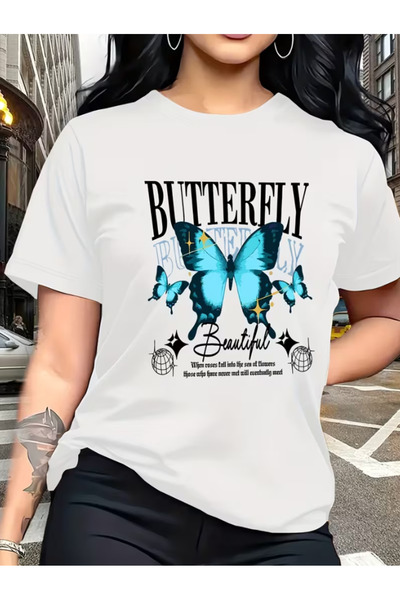 LİNA06 A Stylish And Trendy Short-Sleeve Women'S T-Shirt Featuring a Butterfly