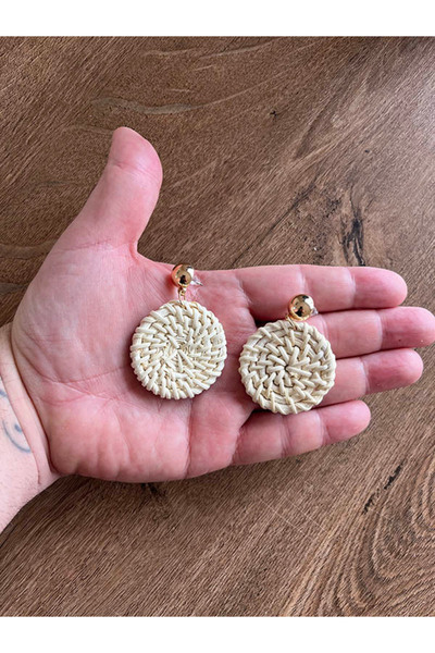 Büyük Hanım Wicker Handmade Round Cream Earrings