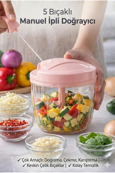 Primeaks 5 Bıçaklı Süper Hızlı İpli El Rondosu - 900ml Geniş Hazne