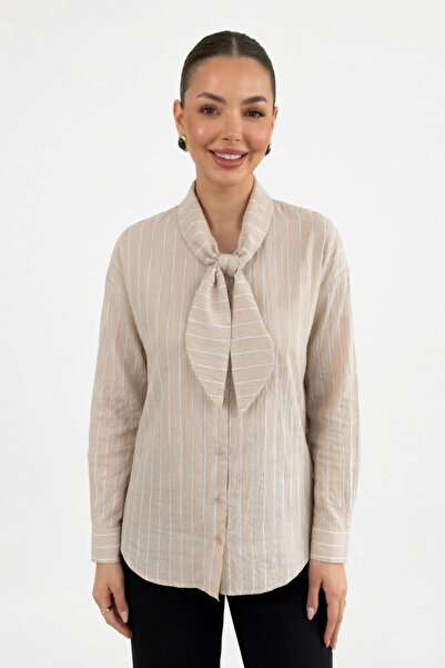 Cockatoo Cămașă elegantă cu guler eșarfă și dungi, Noul sezon 4732