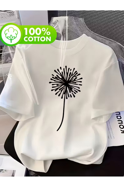 LİNA06 Women' 100% Dandelion Seed & Flower Print T-Shirt