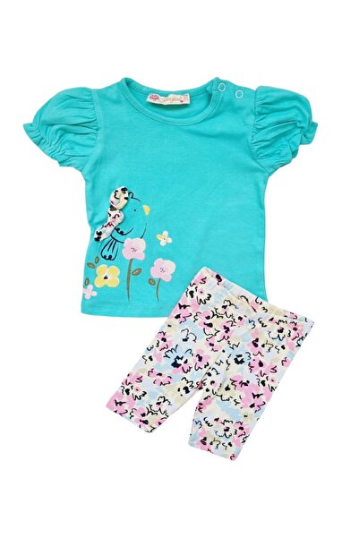 Miniworld Girls' 2-piece cotton summer set, floral print, Turquoise