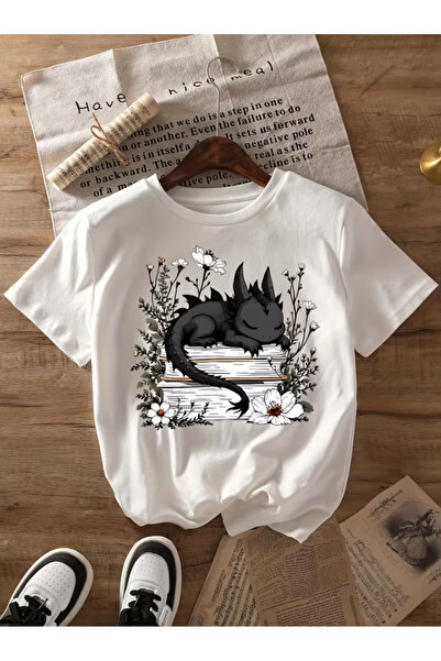 LİNA06 Floral Dragon Book Graphic Print T-shirt, sleeved Round Neck Casual Top