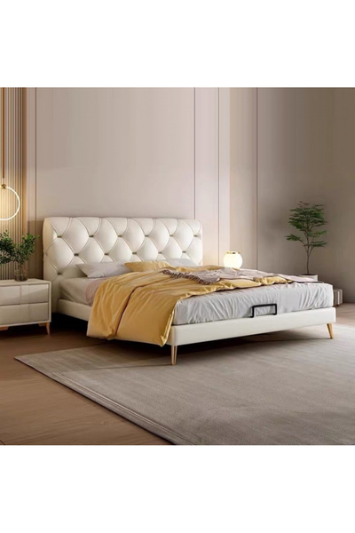 Myra Pat tapițat cu catifea crem, 140x190 cm, cu somieră inclusă