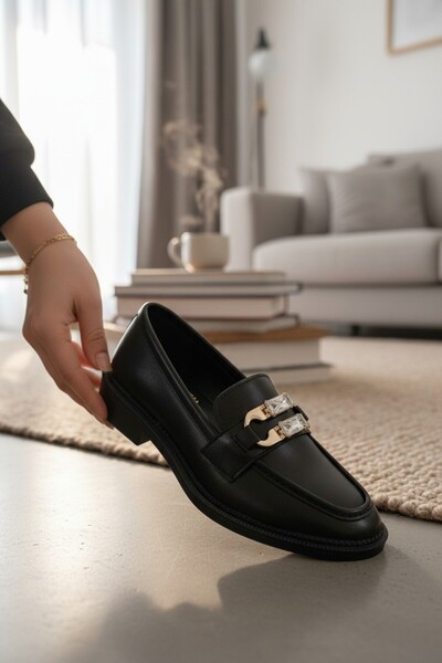 enoch Women's Baguette Cut Crystal Stone Classic Loafer with Gold Buckle