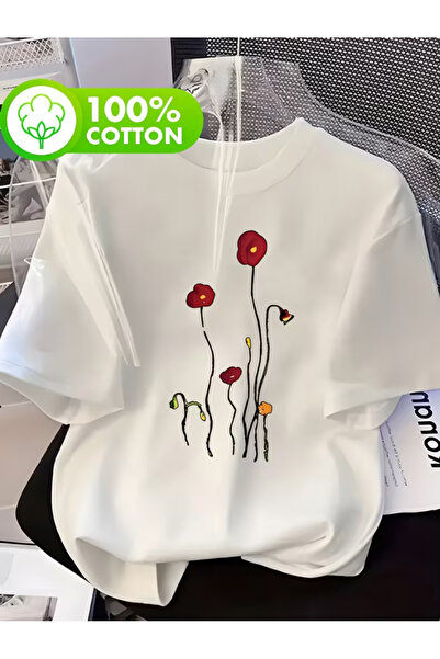 LİNA06 Women' 100% Poppy Flower Print T-Shirt - Short Sleeve Round Neck Casua...