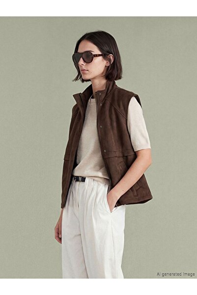 LC Waikiki Lcw Vision Brown High Collar Oversize Women's Suede Look Vest