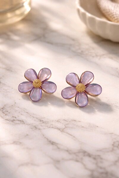 mosmoda Gold Mor 2cm Şeffaf Çiçek Küpe İthal