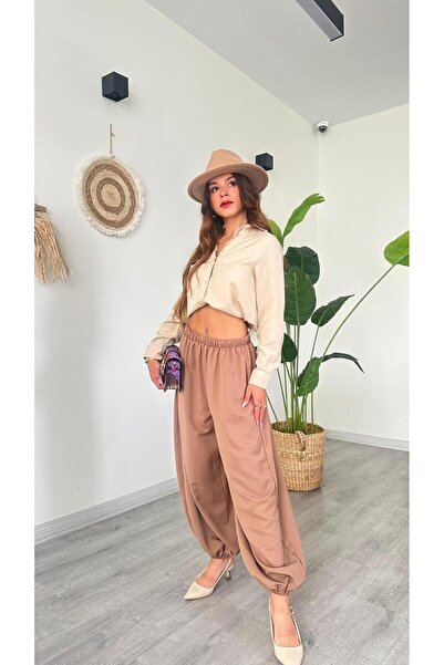 modadagiyim Women's Beige Elastic Waist and Cuffs, Shalwar-Style, Comfortable...