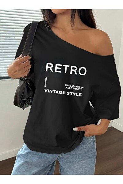 FUFLUNS Ρετρό Τυπωμένο Υπερμεγέθες Γυναικείο Μπλουζάκι με Λαιμόκοψη Καγιάκ