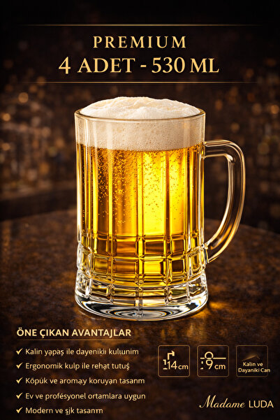 MADAME LUDA Premium Glass 4-Piece Beer Glass/Cup with Handle - (530 ml)
