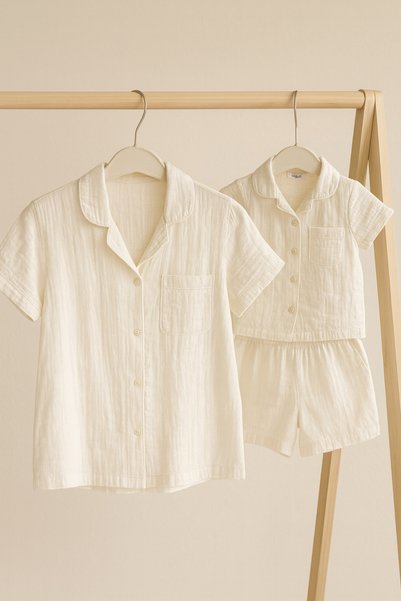 Marecot Silence Bebe Yaka Adult Mother - Child Muslin Pajama Set Short Sleeve + Shorts 100% Cotton