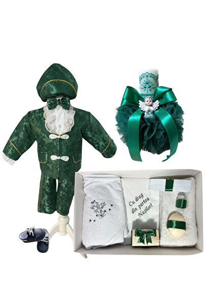 Your Baby Store Set botez baiat Teodor - verde cu ingeras si costumas, pantof...