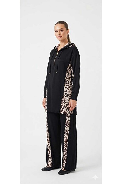 Etrucci KADIN LEOPAR DETAYLI SİYAH KAPÜŞONLU TUNİK VE PANTOLON İKİLİ TAKIM